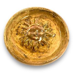 Pottery Ring Dish with Sculpted Sun Dial Face in Genuine 18K Gold and Gold Glaze
